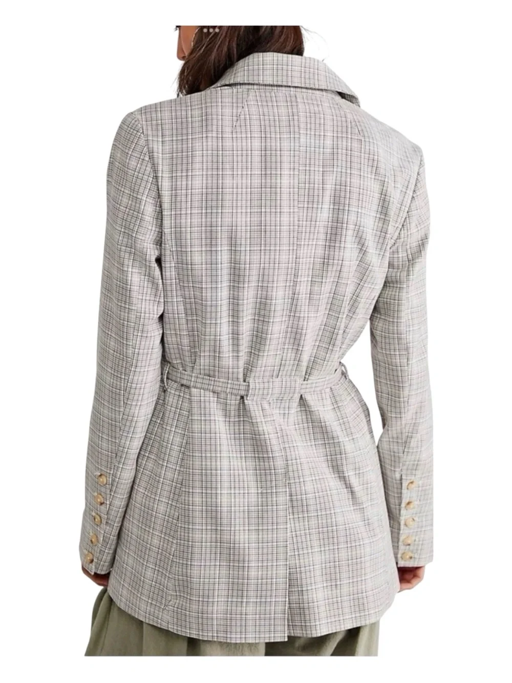Free People Olivia Light Gray Plaid Double-Breasted Blazer | Relaxed Menswear